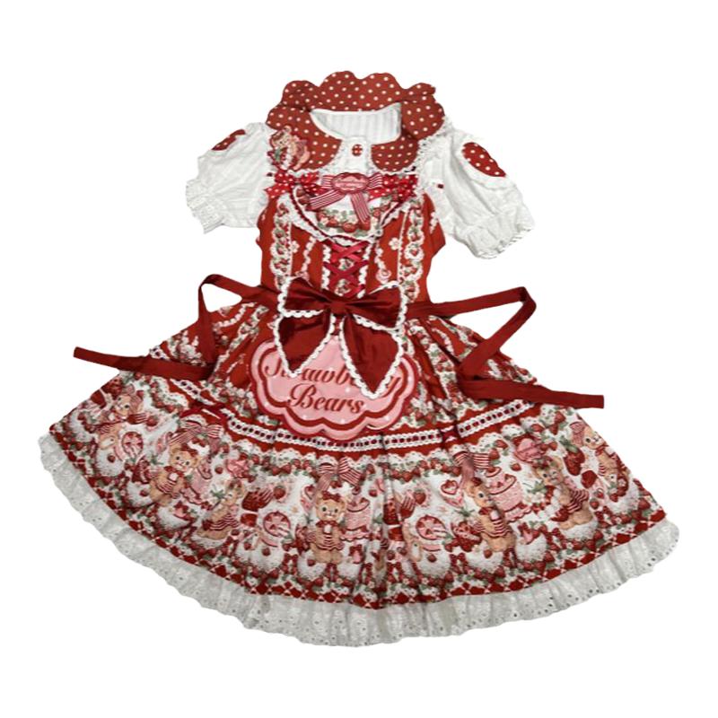 准现货大全套《熊熊草莓园》lolita风匣子草莓洋装条纹缎带连衣裙