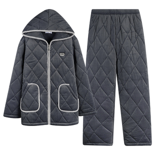 好波寒冬三层加厚夹棉男士家居服加绒保暖大棉袄睡衣套装HJ2582