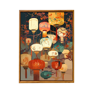 中国风新年灯笼数字油画DIY手工绘填充涂色元宵花灯油彩装饰挂画