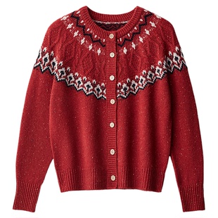 撞色提花针织衫毛衣100%美利奴羊毛圆领开衫高级感复古费尔岛圣诞