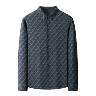 春秋季爸爸长袖衬衫男士无痕印花格子时尚中老年宽松免烫长袖衬衣