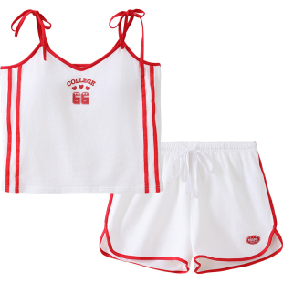 tutuanna睡衣女款夏 棉质汗布印花带胸垫吊带上衣短裤家居服套装