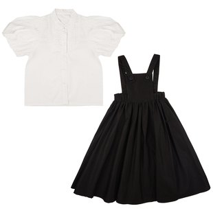 女童衬衫夏季新款复古泡泡袖衬衣儿童白色短袖衫上衣洋气套装亲子