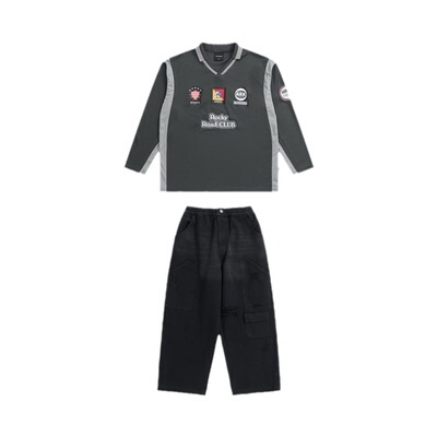 ROCKYROAD童装美式复古街舞长袖T恤休闲打底衫拼色翻领宽松卫衣