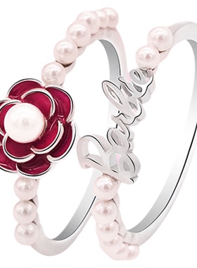 925银芭比系列珍珠叠戴戒指花朵