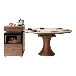 2026新款洞石岩板岛台餐桌一体家用中古风伸缩小蛮腰内嵌转盘餐桌