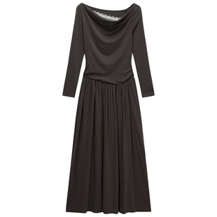 【新品】欧时力气质垂感A字连衣裙长裙收腰黑色显瘦2026春夏爆款1