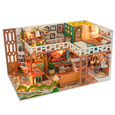 波西米亚木质灯光拼装小屋模型