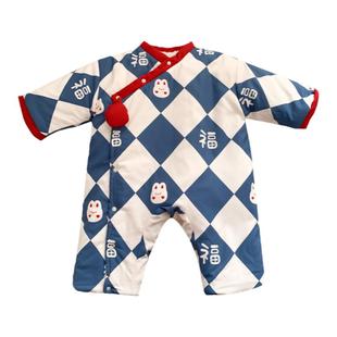 婴儿新年服夹棉连体衣国风唐装拜年服新生儿宝宝福字加绒爬爬服厚