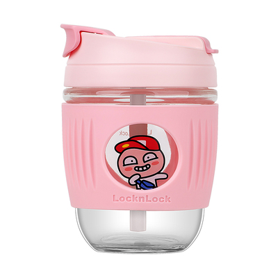 乐扣乐扣儿童玻璃双饮口水杯女可爱卡通带印花吸管便携轻巧咖啡杯