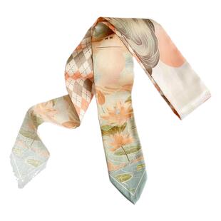 山河荷花中国风长条丝巾发带女古风绑发包包丝带细窄飘带装饰领巾