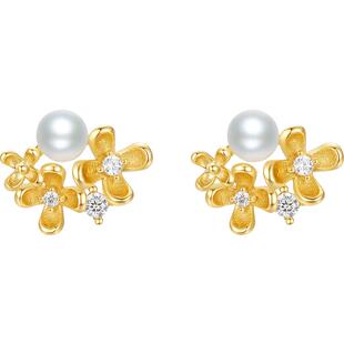 周六福花园珍珠耳钉耳环女淡水珍珠耳饰黄金色S925送女友新年礼物