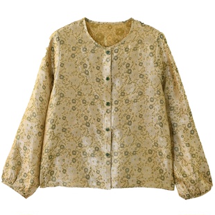 GESGOO早春绿色提花真丝衬衫式外套浮光锦桑蚕丝轻奢气质小衫女装