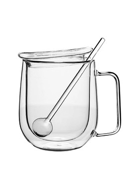 双层隔热喝水透明带把有盖玻璃杯