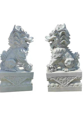 石雕麒麟一对天然汉白玉公母麒麟