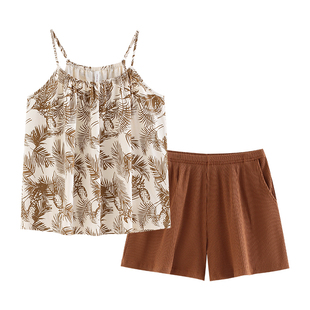 悦内带胸垫女士睡衣女款夏季夏款夏天纯棉吊带背心短裤家居服套装