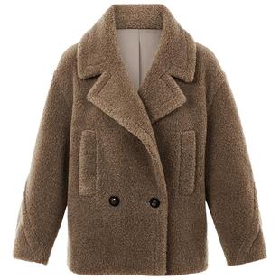 LANCY/朗姿2025冬季新款纯羊毛短款宽松翻领羊剪绒大衣毛呢外套女