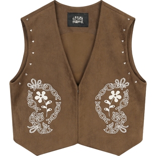 妖精的口袋春复古咖色铆钉刺绣马甲女2026年早春新款外搭叠穿薄款