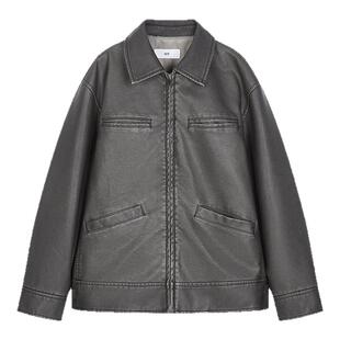 SLY 25春季新品复古男友风廓形口袋PU皮夹克外套030ISZ30-1081