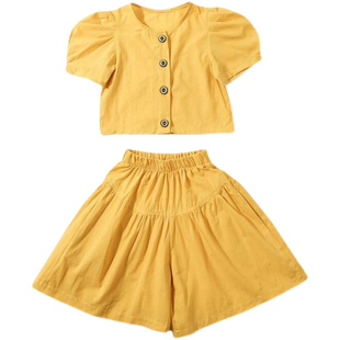 夏日度假沙滩清爽女童泡泡袖打底衫短裤两件套2025夏装背带裤套装