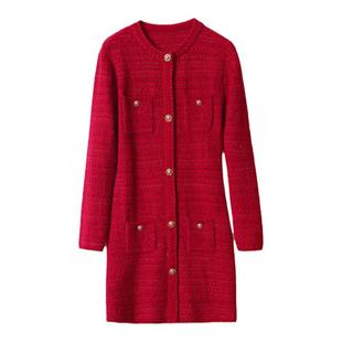 【以瘦为名】b鹿同款 显白红色小香风羊毛立裁针织直筒h形连衣裙