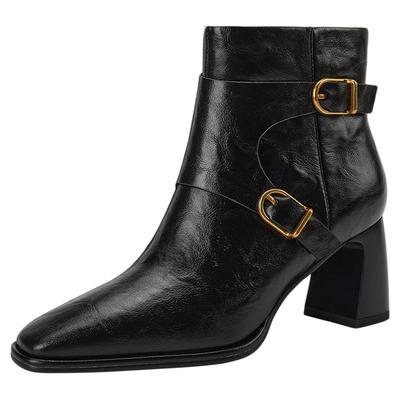 星期六复古方头粗跟短靴