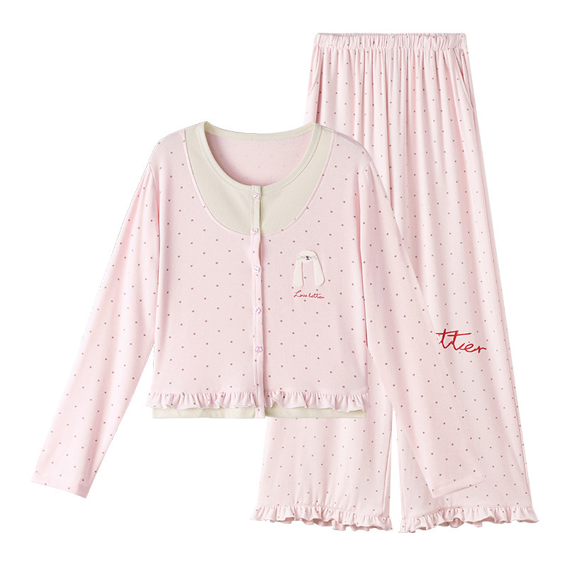 yso【礼物系列】睡衣女春秋款粉色波点假两件舒适甜美家居服套装A