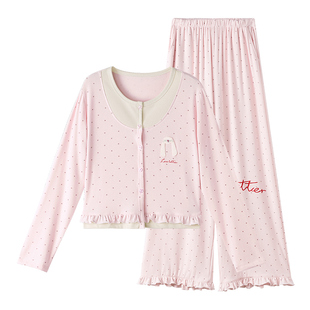 yso【礼物系列】睡衣女春秋款粉色波点假两件舒适甜美家居服套装A