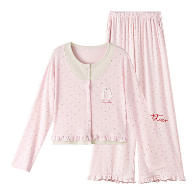 yso【礼物系列】睡衣女春秋款粉色波点假两件舒适甜美家居服套装A