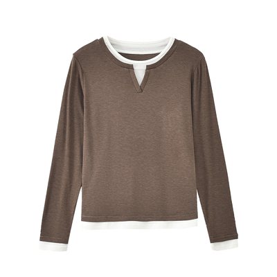 猫人德绒假两件V领内搭打底衫女2025年秋冬修身显瘦天丝羊毛长袖