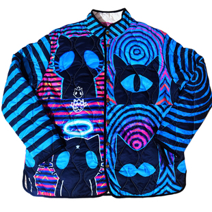 蓝巧怪物猫!LERROO亚文化条纹蓝色棉服女秋冬宽松外套上衣印花