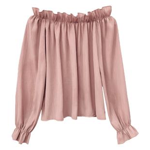 大码一字肩上衣女夏法式锁骨雪纺衫长袖小衫露肩荷叶边胖mm200斤