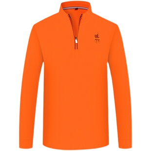 马年立领polo衫半拉链长袖t恤高领纯棉秋冬纯棉上衣男装橙色橘色