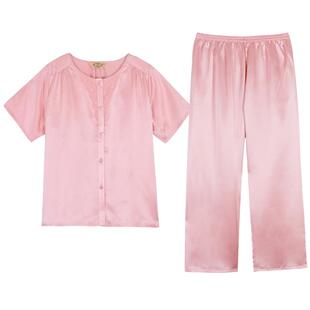 美标真丝睡衣女士100%桑蚕丝家居服套装 丝绸春夏季纯色短袖长裤