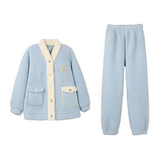 安之伴加厚珊瑚绒睡衣女秋冬季保暖休闲甜美宽松加绒家居服套装