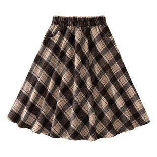 女童毛呢半身裙秋冬加绒加厚中长款大童百褶裙冬季裙子儿童格子裙