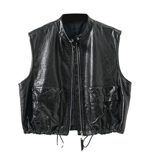 欧货高级感油蜡羊皮真皮马甲女宽松版立领机车无袖皮衣2025新款