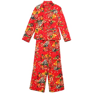 民族风东北大花布棉麻阔腿裤套装女唐装长裤夹棉两件套加厚保暖冬