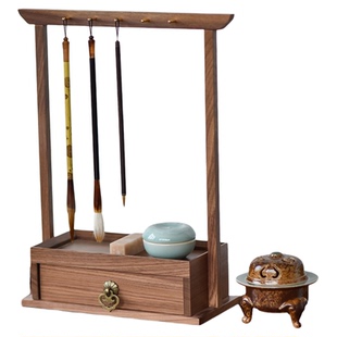 梅林笔庄北美黑胡桃木笔架新中式毛笔挂架三层悬挂式书法专用收纳展示架黄铜挂毛笔的笔架多功能置物架摆件