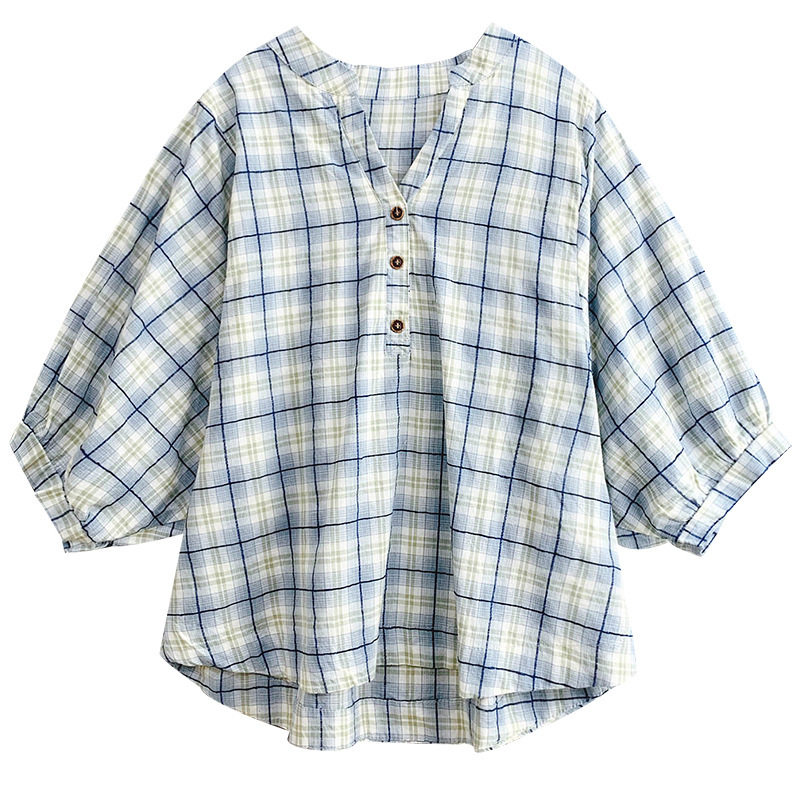 夏季纯棉V领格子五分袖女衬衫