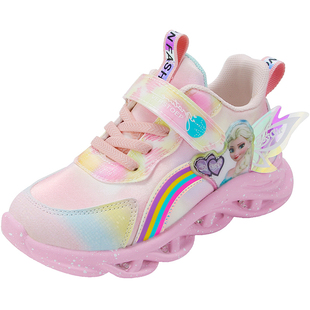 女童运动鞋带亮灯女宝鞋子秋冬加绒二棉鞋彩虹公主鞋小女孩发光鞋