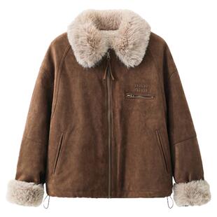 夕蒙2025新款冬季韩系巨好看小个子减龄独特流行咖色麂皮绒厚外套