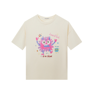 SYMOCOLOR小怪兽数码印花圆领短袖t恤重磅纯棉男女同款宽松上衣夏