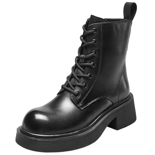 意尔康真皮英伦风马丁靴女2025秋冬新款酷飒机车靴厚底小个子短靴