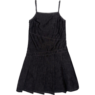 Studio1till8｜全棉仿牛仔色织度假风拼接百褶吊带裙