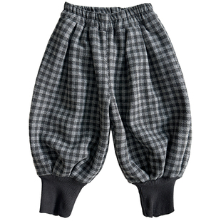 男童加绒裤子2025新款秋冬季宝宝灯笼裤儿童束脚哈伦裤格子童装潮