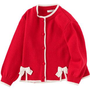 巴拉巴拉儿童毛衣女童针织衫2025春秋新款开衫小童上衣红色拜年服