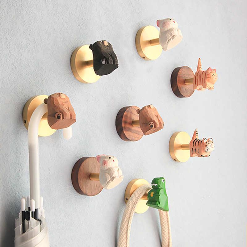 手工实木卡通可爱动物黄铜胡桃木玄关挂钩免打孔收纳挂衣钩粘钩
