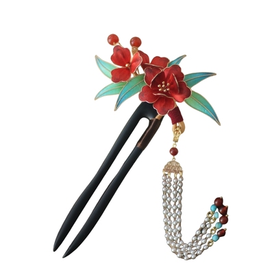 绝美红色非遗绒花檀木发钗