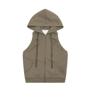 CLP灰绿露背连帽背心无袖卫衣短款修身运动弹力拉链外套马甲男女